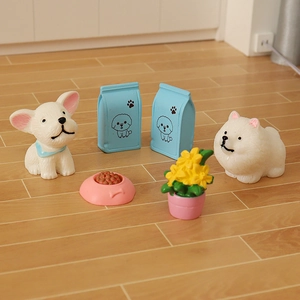 Miniature dollhouse pet set with two white puppy figurines and dog food accessories