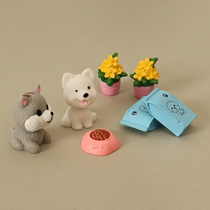 Miniature dollhouse pet scene set with cartoon cat, dog, potted plants and feeding bowls