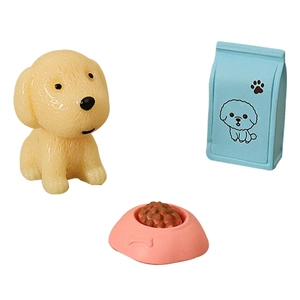 Miniature dollhouse puppy set with resin dog, pink food bowl, and blue snack bag