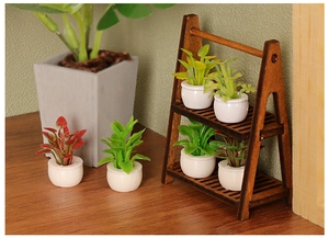 Miniature wooden tier stand with six realistic potted plants for dollhouse decoration