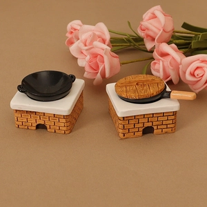 Miniature dollhouse kitchen stove set with frying pan and wooden lid cookware