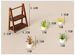 Miniature dollhouse wood shelf with four tiny potted green plants and size dimensions