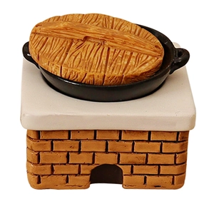 Miniature retro dollhouse kitchen stove with red brick pattern and wok with wooden lid