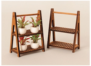 Detailed comparison of miniature two-tier wooden plant stand with tiny potted succulents