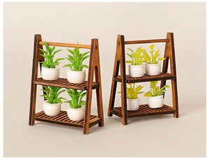 Detailed macro view of miniature wooden dollhouse plant stands with tiny potted greenery