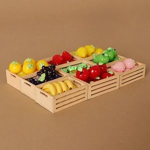 Miniature dollhouse wooden crates with realistic assorted resin fruit models set