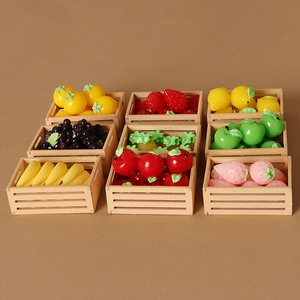 Miniature dollhouse wooden fruit crates set with colorful 3D resin fruits in 3x3 layout