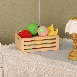 Miniature dollhouse wooden fruit basket set with realistic berries and apples