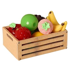 Miniature dollhouse wooden fruit crate with realistic apples, grapes and bananas