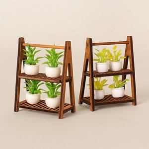 Miniature double-tier wooden plant stand set with tiny faux potted greenery decor