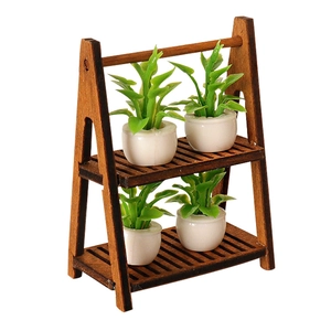Miniature wooden two-tier plant stand with four tiny green potted plants for dollhouses