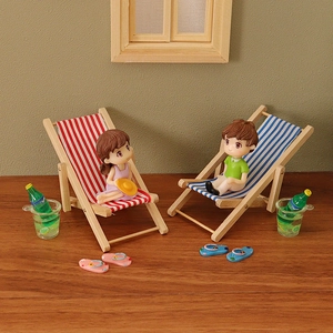 Miniature Wooden Folding Beach Chair Dollhouse Furniture Stripe Canvas Lounge Chair DIY Fairy Garden Home Scene Decoration Ornaments