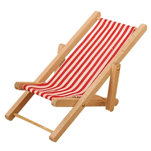 Miniature wooden folding beach chair with red and white striped fabric for dollhouse decor