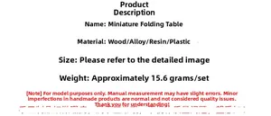Specifications of dollhouse miniature folding table showing materials and 15.6g weight