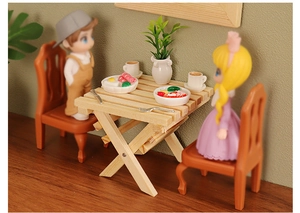 Miniature dollhouse folding table and chairs set with tiny breakfast food accessories