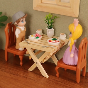Miniature dollhouse folding table and chair set with dolls for DIY room decor