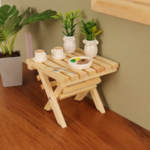 Miniature wooden folding table for dollhouse with realistic 1:12 scale food accessories
