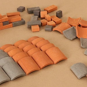 Miniature dollhouse bricks and roof tiles in orange and grey for DIY building models