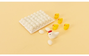 Miniature dollhouse farm set with resin chickens and white eggs on a 30-slot tray