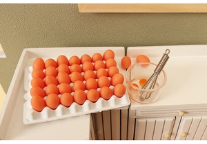 Detailed dollhouse miniature set with resin eggs, tray, mixing bowl, and metal whisk