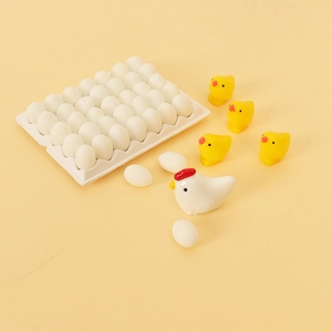 Miniature dollhouse poultry set with resin hen, yellow chicks, eggs and tray decor