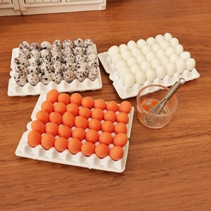 Miniature dollhouse food play set with resin eggs, trays, glass bowl and metal whisk tool