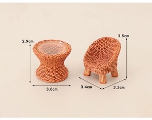 Macro detail of miniature round table and armchair with woven texture for dollhouse