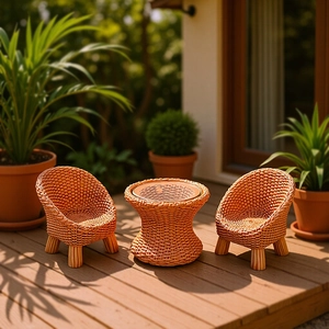 Miniature Dollhouse Woven Furniture Set Resin Simulation Table And Chairs For DIY Micro Landscape Scene Decor Warm Brown