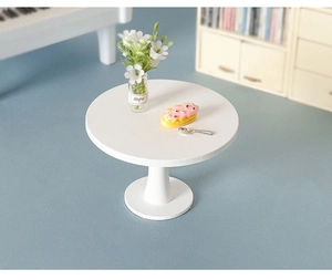 Miniature dollhouse white round table with dessert and floral decor for DIY scenery