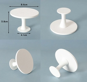 Detailed views of a white miniature wooden round table with dimensions 8.6x5.8x4.1cm