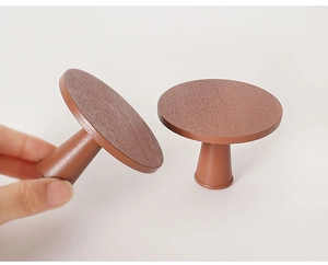 Miniature mushroom wooden furniture accessories in a deep reddish-brown walnut finish