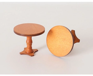 Detailed view of miniature round wooden tables for dollhouses with cross base and dark finish