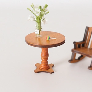 Miniature dollhouse round wood table model with walnut finish for DIY scene decoration