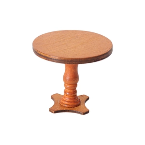 Miniature wooden round table for dollhouse with dark brown finish and pedestal base
