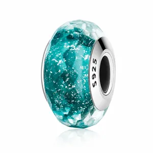 Ocean Deep Blue Faceted Glass Charm Bead With 925 Sterling Silver Core Murano Style Silver Flakes For DIY Bracelet Women Jewelry