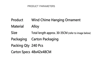 Detailed specifications table for metal Evil Eye wind chime listing size and alloy material