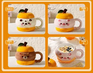 Detailed views of creative ceramic mugs with orange-shaped lids and cute bear designs