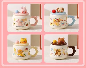 Detail view of four colorful ceramic mugs featuring 3D animal lids and wavy handles