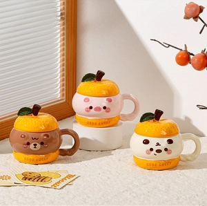 Detailed view of creative ceramic mugs with orange fruit-shaped lids and lucky text