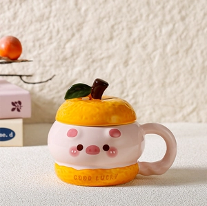 Detailed view of pink ceramic mug featuring a 3D cartoon pig face and Good Lucky text