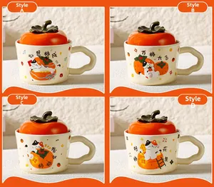 Detail view of four ceramic cat mugs with persimmon lids showing styles A to D