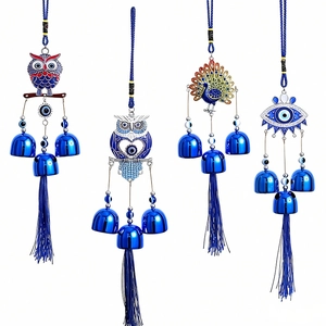 Blue owl and peacock evil eye wind chime ornaments with bells and silk tassels