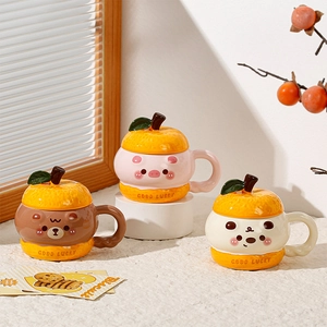 Creative Cartoon Ceramic Mug With 3D Orange Lid And Spoon Cute Animal Porcelain Coffee Cup For Office Desktop Women Gift