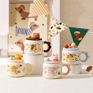 Cute cartoon ceramic mug set with animal lid decorations and cloud-shaped wave handles