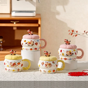Ceramic animal mugs with lids featuring cute pony figurines and Chinese festive patterns