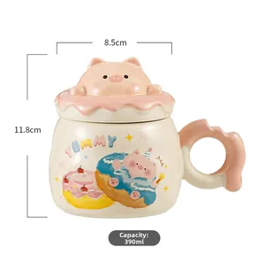 Detail view of cartoon pig ceramic mug with dimensions 8.5x11.8cm and 390ml capacity