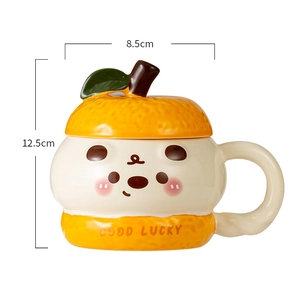 Cute orange-themed ceramic mug with lid and Good Lucky design, 12.5cm height