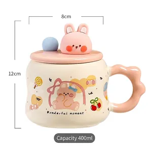 Cute cartoon ceramic mug with pink bunny lid and sweet dessert pattern design 400ml