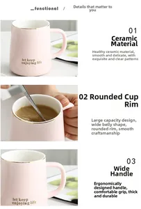 Detail of pink ceramic mug with gold trim and ergonomic handle for comfortable grip