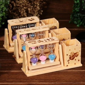 Portabolígrafos de Reloj de Arena de Madera Adorno de Escritorio Triple Temporizador de Arena Smile Grabado con Láser Para Oficina Escuela Hogar